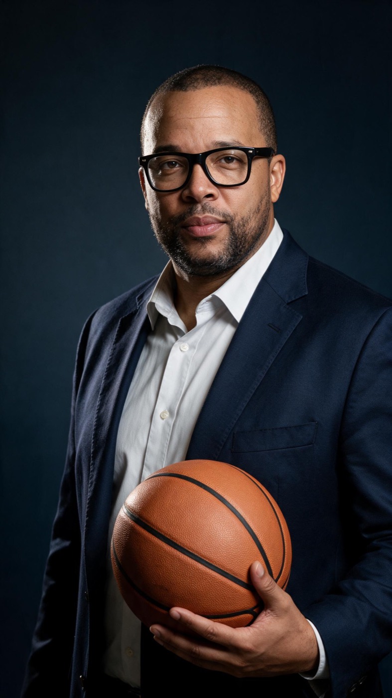 Coach DeShannon Morris with a basketball